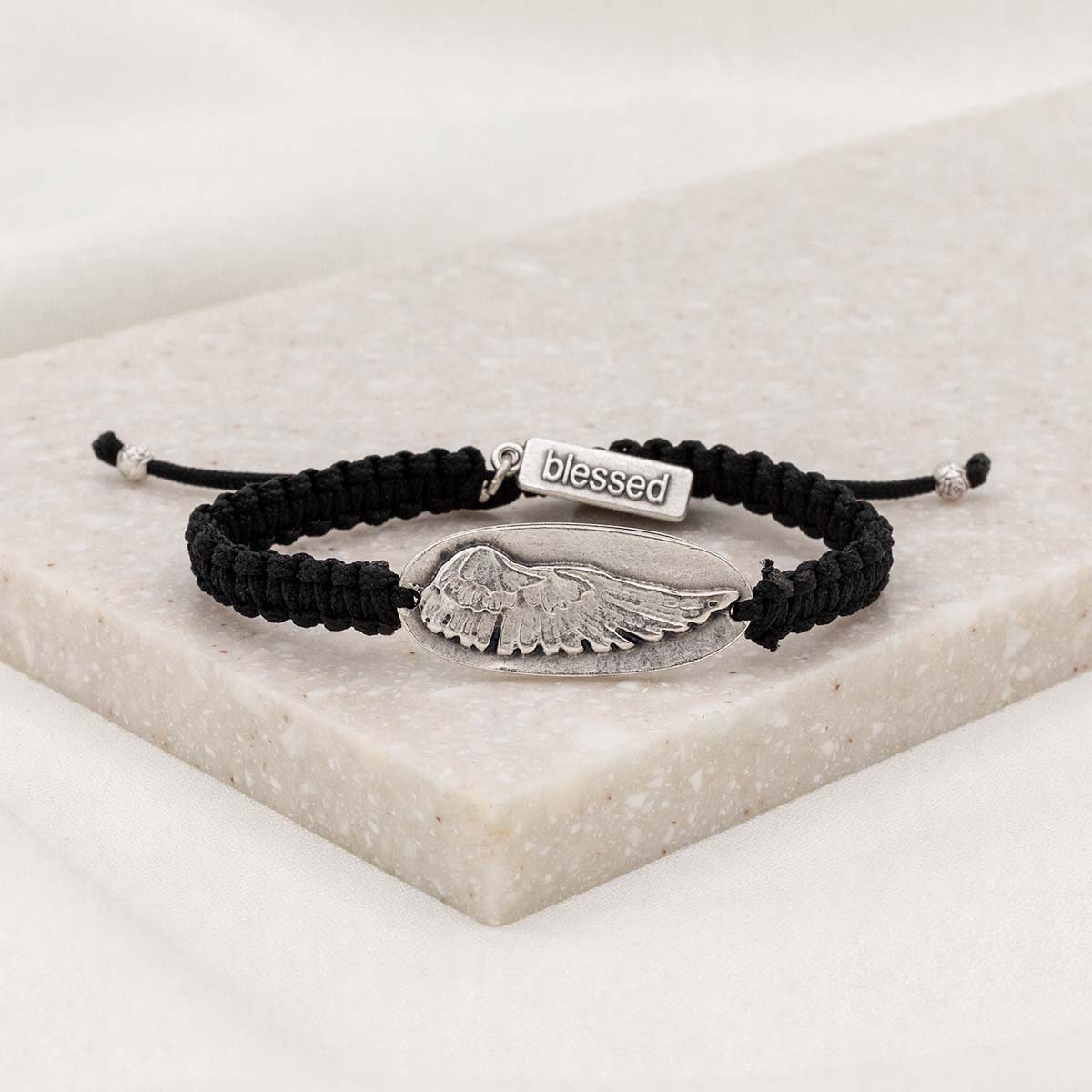 Wing of Protection Bracelet Black/Silver Handcrafted in Medjugorje