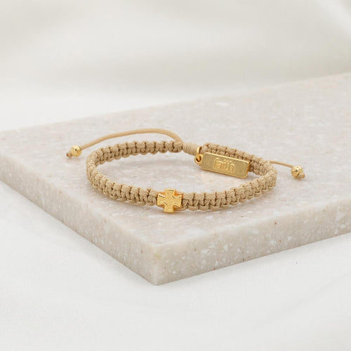 Wonderfully Made Woven Cross Bracelet - Cream Cording Gold Cross