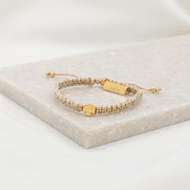 Wonderfully Made Woven Cross Bracelet - Metallic Gold Cording Gold Cross