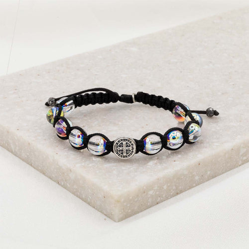 crystal globe bracelet on black cording with silver tone benedictine medal