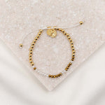 Godmother Morse Code Bracelet with Miraculous Mary charm in gold with crystal beads