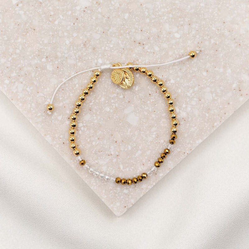 Godmother Morse Code Bracelet with Miraculous Mary charm in gold with crystal beads