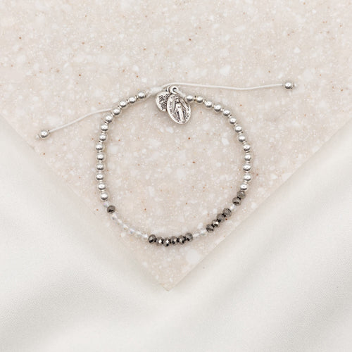 Godmother Morse Code Bracelet with Miraculous Mary charm in silver with crystal beads