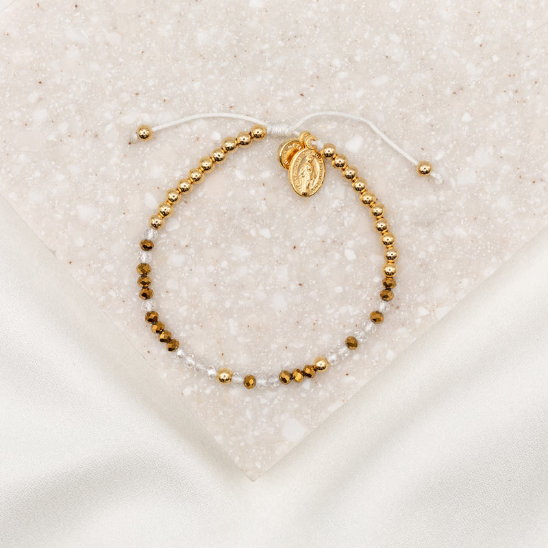 Maid of Honor Morse Code Bracelet with gold tone beads and crystals and a Miraculous Medal