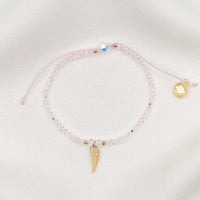 Angelic Light Bracelet with clear crystal beads and gold angel wing charm, pink threading
