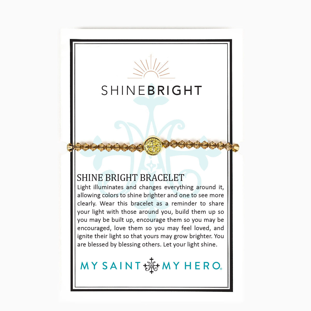 Shine Bright Crystal and Benedictine Blessing Bracelet on inspirational product card