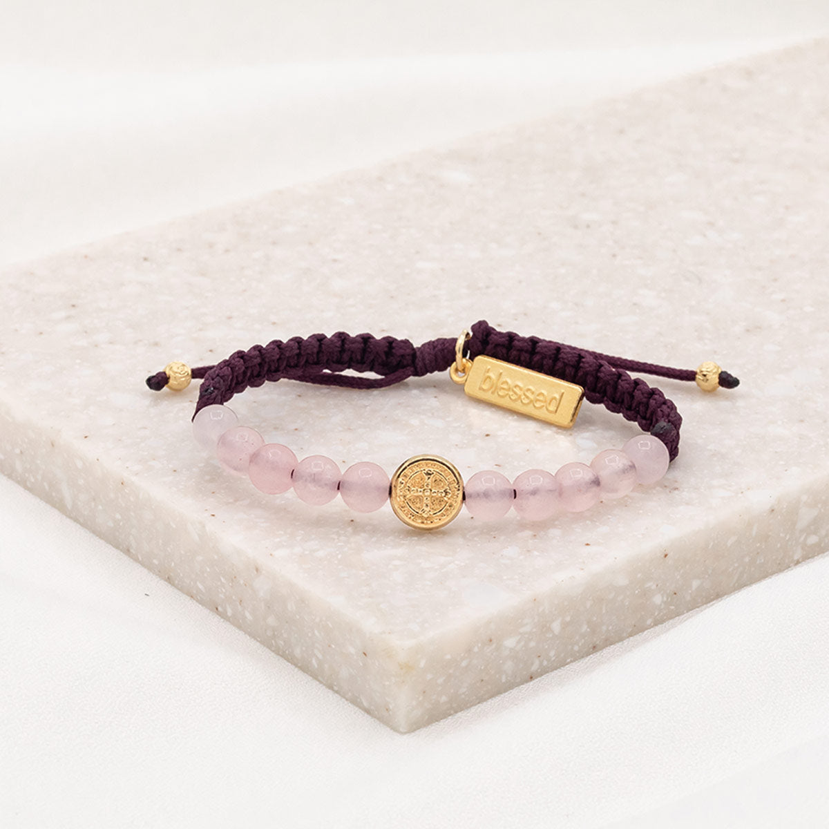 Wake Up and Pray Meditation Bracelet Rose Quartz Gold