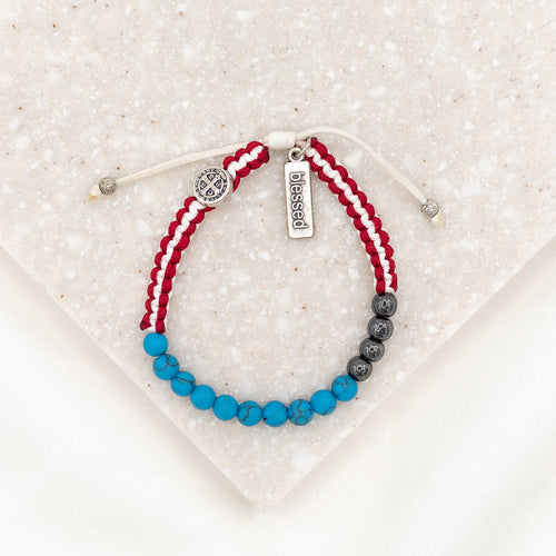 Protect and Serve Red White and Blue woven bracelet with blessed charm tag turquoise and hematite beads and a silver st. benedict medal of protection