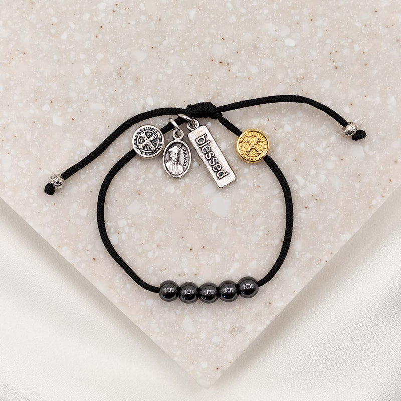 St Ignatius of Loyola Spiritual Awareness Bracelet hematite and benedictine slipknot bracelet on black cording 