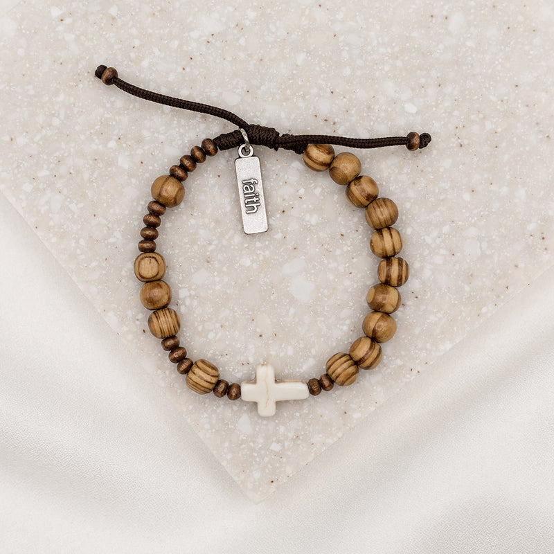 Olive Wood and Howlite Cross Prayer Chaplet Rosary Style Blessing Bracelet