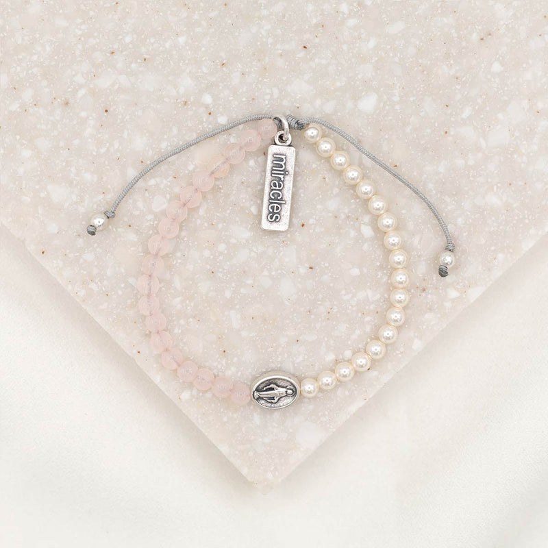 Mother Mary, Mother Me Blessing Bracelet rose quartz and crystal pearl miraculous mary blessing bracelet