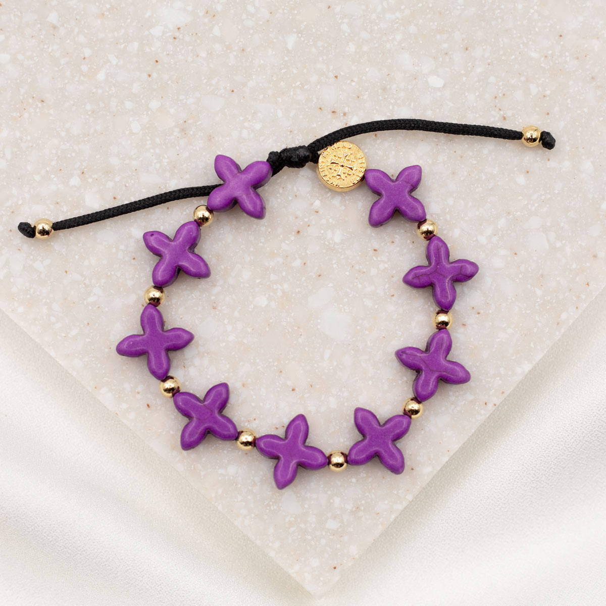 Grounded in Faith Howlite  Cross Bracelet purple dyed gemstones gold medal and beads