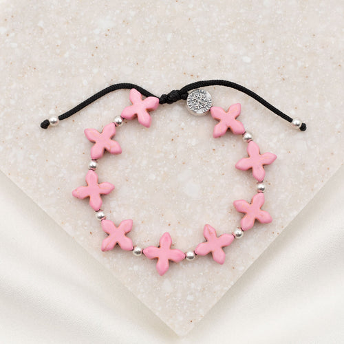 Grounded in Faith Howlite  Cross Bracelet pink crosses with silver beads and blessed medal