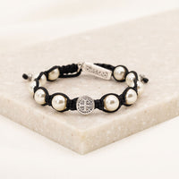 Divine Blessings Benedictine Medal Crystal Pearl Bracelet Handwoven in Medjugorje - white pearls silver tone medals