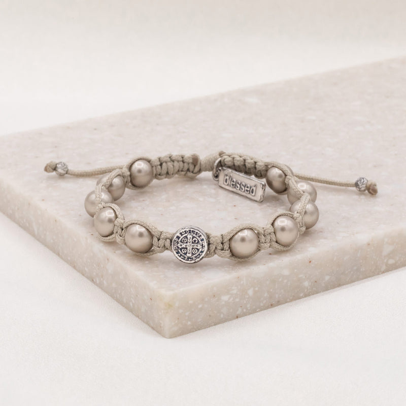 Divine Blessings Pearl and Benedictine Medal of Protections handwoven bracelet in with platinum pearls and silver tone medal