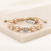 Divine Blessings Benedictine Medal and Crystal Pearl Bracelet Handwoven in Medjugorje cream cording silver tone medals rose gold colored pearls