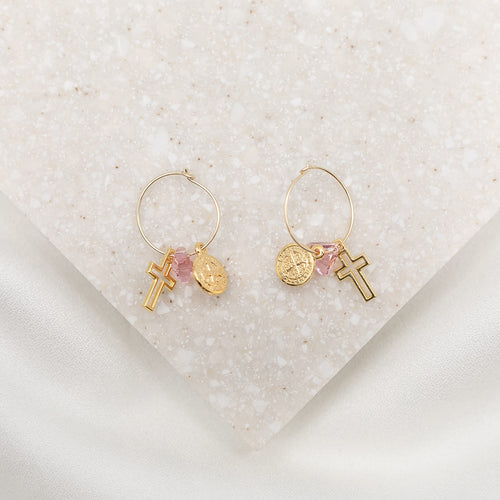 Hoops of Blessings Earrings with changeable charms in gold and pink