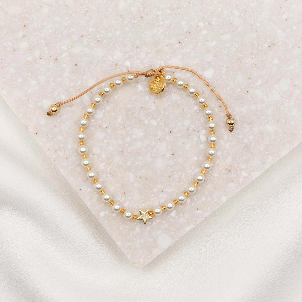 Made for this Moment Esther 4:14 Bracelet in collaboration with Madi Prewett gold star and crystal pearls on slipknot cording