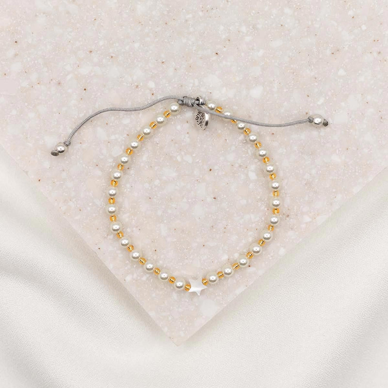 Made for this Moment Esther 4:14 Bracelet in collaboration with Madi Prewett mother of pearl star and crystal pearls on slipknot cording