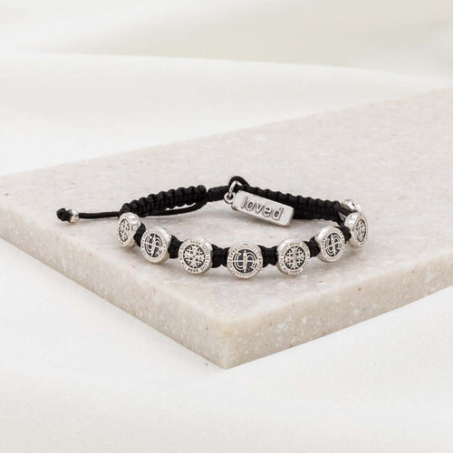 Share the Love - St. Amos Love Bracelet John Stamos Bracelet with black cording and silver tone medals and loved charm tag