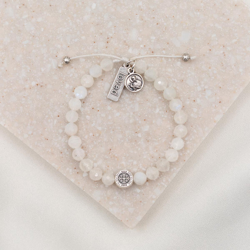 St. Amos Share the Love John Stamos Caitlin McHugh Fertility Blessing Bracelet Moonstone Gemstones St. Gerard Loved Charm Tag Medal Handwoven Cord