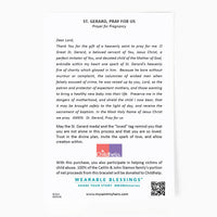 back of the St. Gerard Bracelet card with a Prayer for Pregnancy