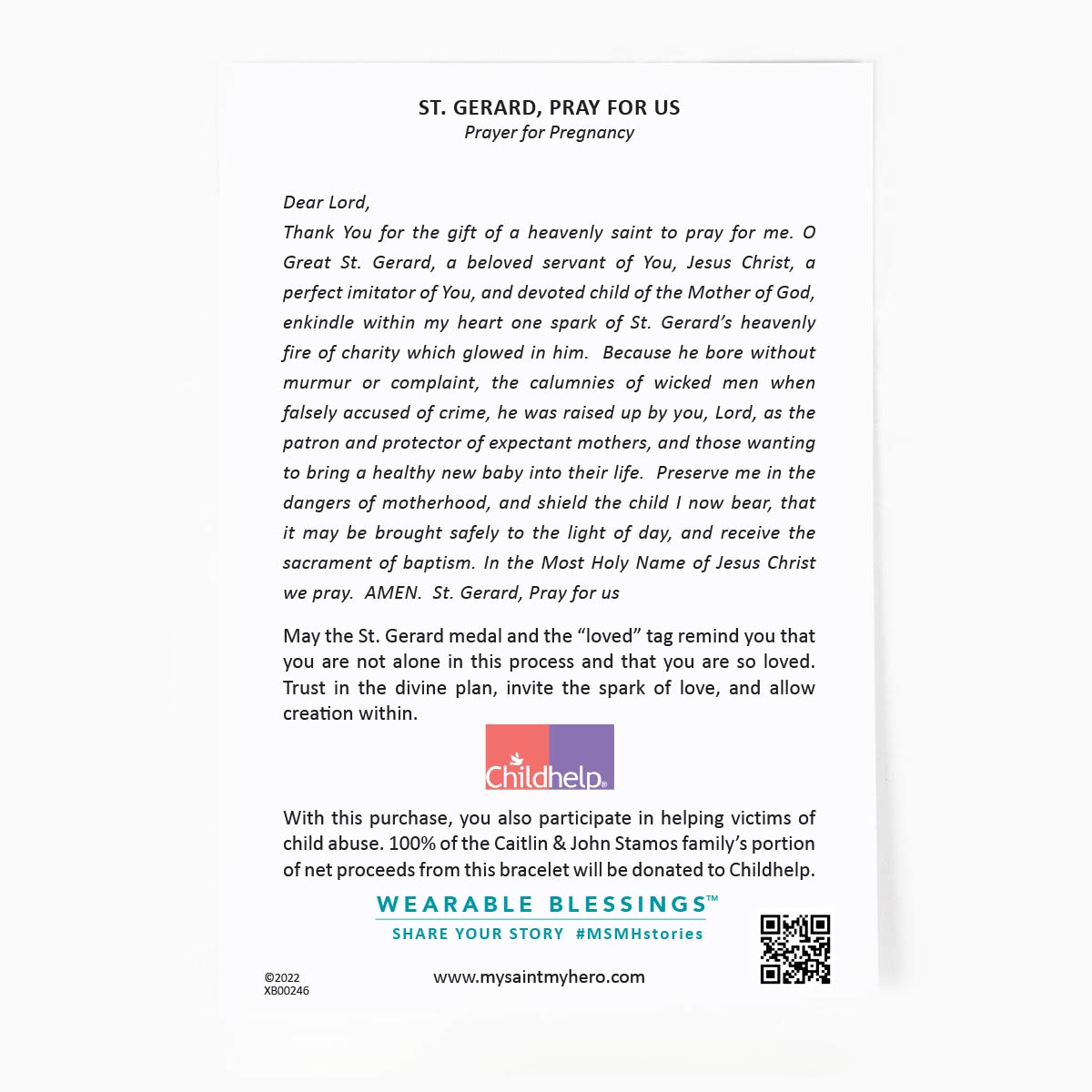 back of the St. Gerard Bracelet card with a Prayer for Pregnancy
