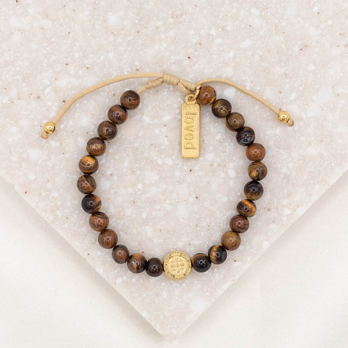 St Amos A Father's Love Tigers Eye Gemstone and Saint Medal Slipknot Bracelet