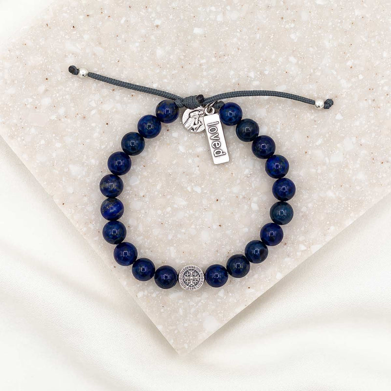 St. Francis Peace Bracelet with large lapis gemstones and silver medals