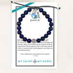Share the Love St. Francis Peace Bracelet with lapis gemstones and silver medals on an inspirational card