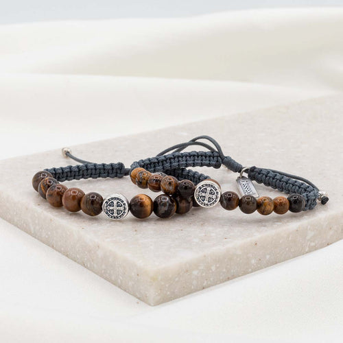 His and Hers Companion Saint Benedict Bracelet Set Tigers Eye Gemstones