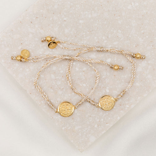 Best Friends Blessing Bracelets with gold tone St. Benedict Medals and gold metallic woven cording