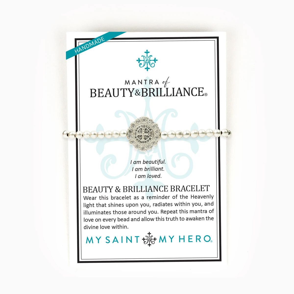 Mantra of Beauty & Brilliance Bracelet silver tone on inspirational card