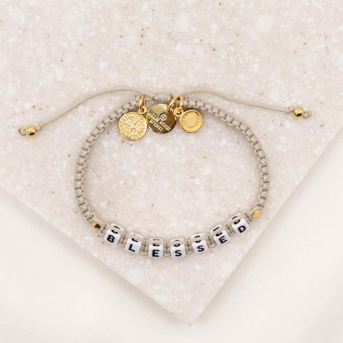 overhead tan gold My Saint My Hero Little Words Project Blessed Bracelet
