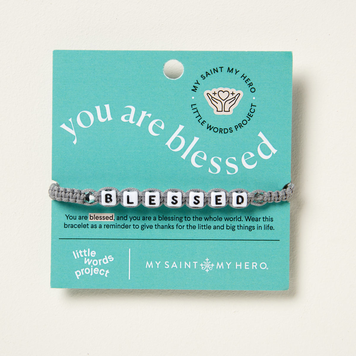 My Saint My Hero Little Words Project Blessed Bracelet slate silver on card