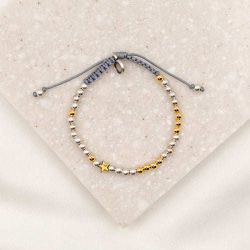 Made For This Moment Esther 4:14 Morse Code Bracelet in collaboration with Madi Prewett gold and silver tone beaded morse code bracelet on slate cording