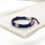 God Bless America Woven Benedictine Blessing Bracelet for Men with American Flag and Navy Cording