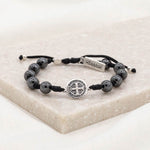 Fearless Iron Sharpens Iron Blessing Bracelet Hematite Gemstone Beads and Saint Benedict Medal on Black Knotted Cording