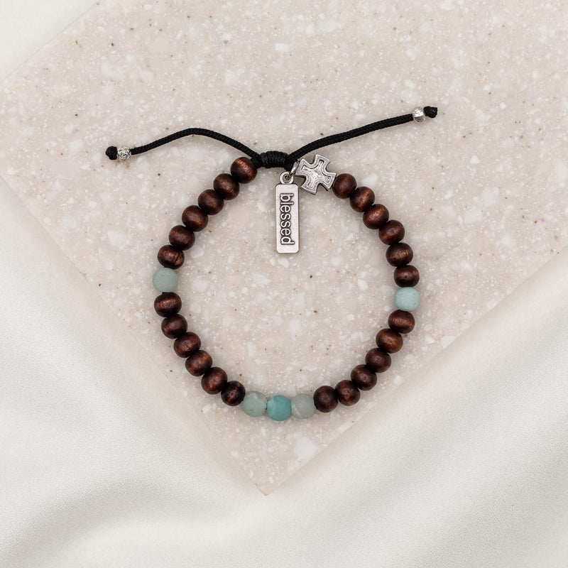 Family Values Wood Bead and Amazonite Blessing Bracelet for Men