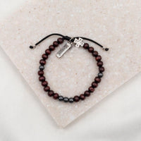 Family Virtues Cross Olive Bead Hematite Mens Christian Bracelet with blessed tag