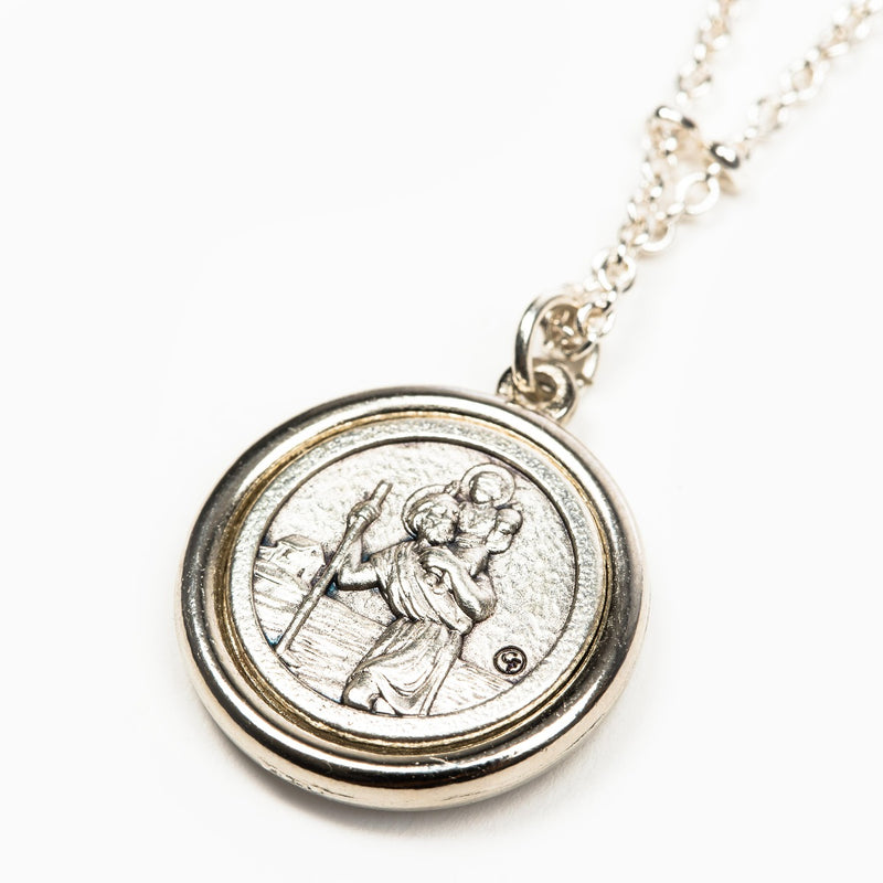 Close up of the St. Christopher side of the Double Sided Armor of Protection Necklace