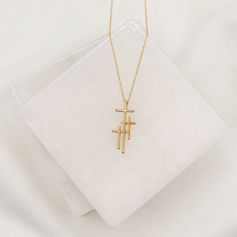 Faithful Light Three Cross Necklace gold tone