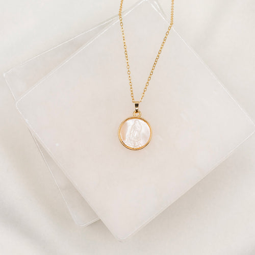 Mother of Pearl Mother Mary Necklace, close up, gold chain
