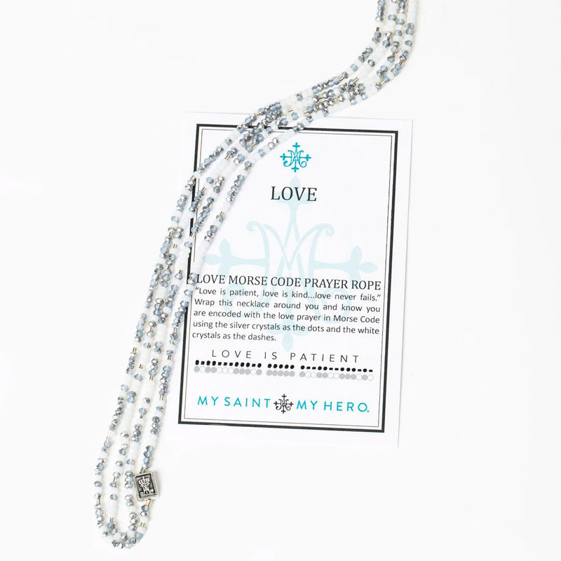 Love Morse Code Prayer Rope Beaded Necklace in Blue, White and Silver Beads with Product Card