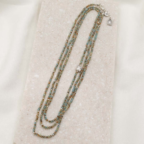 The Lord's Prayer Morse Code Prayer Rope -Aqua and topaz 3mm crystals, silver dipped bugle beads, two scapular medals, 52" rope with a 2" extender. 