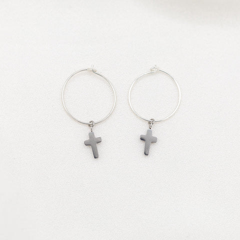 The Petite Jeanne Hoops [Noir Doux]: Cross Hoops, Cross Earrings, Cross Charms, Religious store Cross