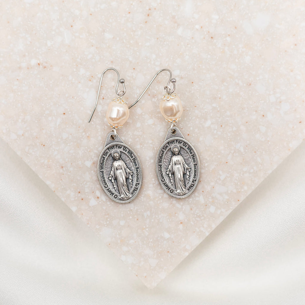 Miraculous medal pearl earrings wearable blessings marian my