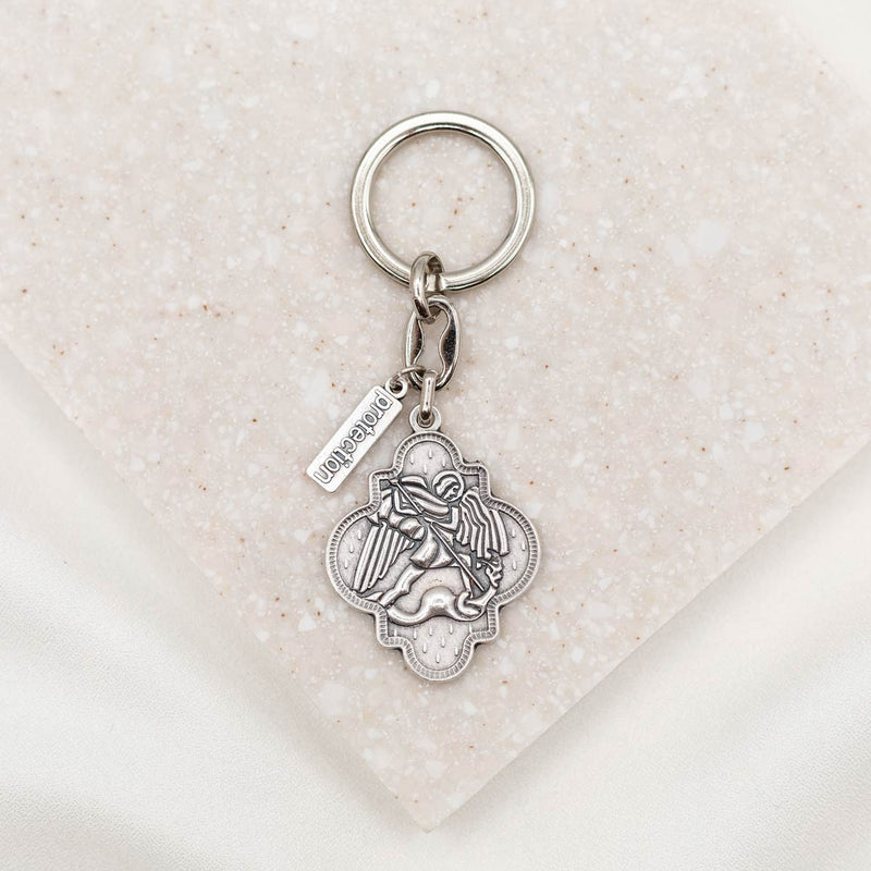 Archangel Michael Armor of Protection Keyring, silver tone with a protection charm tag