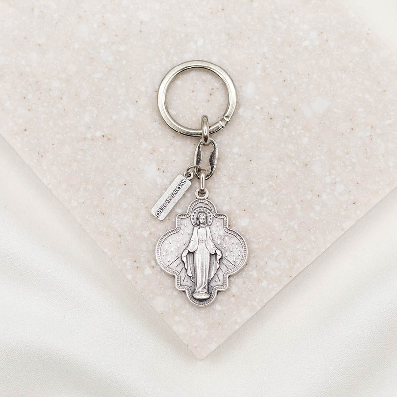 Blessed Mother Mary Key Ring in Silver with protection virtue metal tag