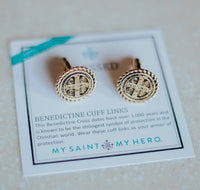 Silver tone St. Benedict cuff links on a My Saint My Hero product card